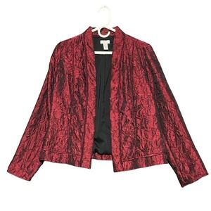 Chicos Red Black Textured Brocade‎ Jacket Blazer Open Front Women Size 4 Chic